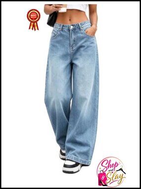 Wide Leg Baggy Boyfriend Jeans Mid Rise Cotton Blend Denim Pants
